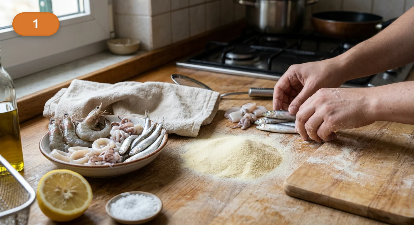 Фритто мисто | Фото подпункта 1 | Viva Cucina Фритто мисто: фото процесса приготовления — разложите кальмары, креветки, мелкую рыбу, муку или семолу, масло для фритюра, лимоны и соль