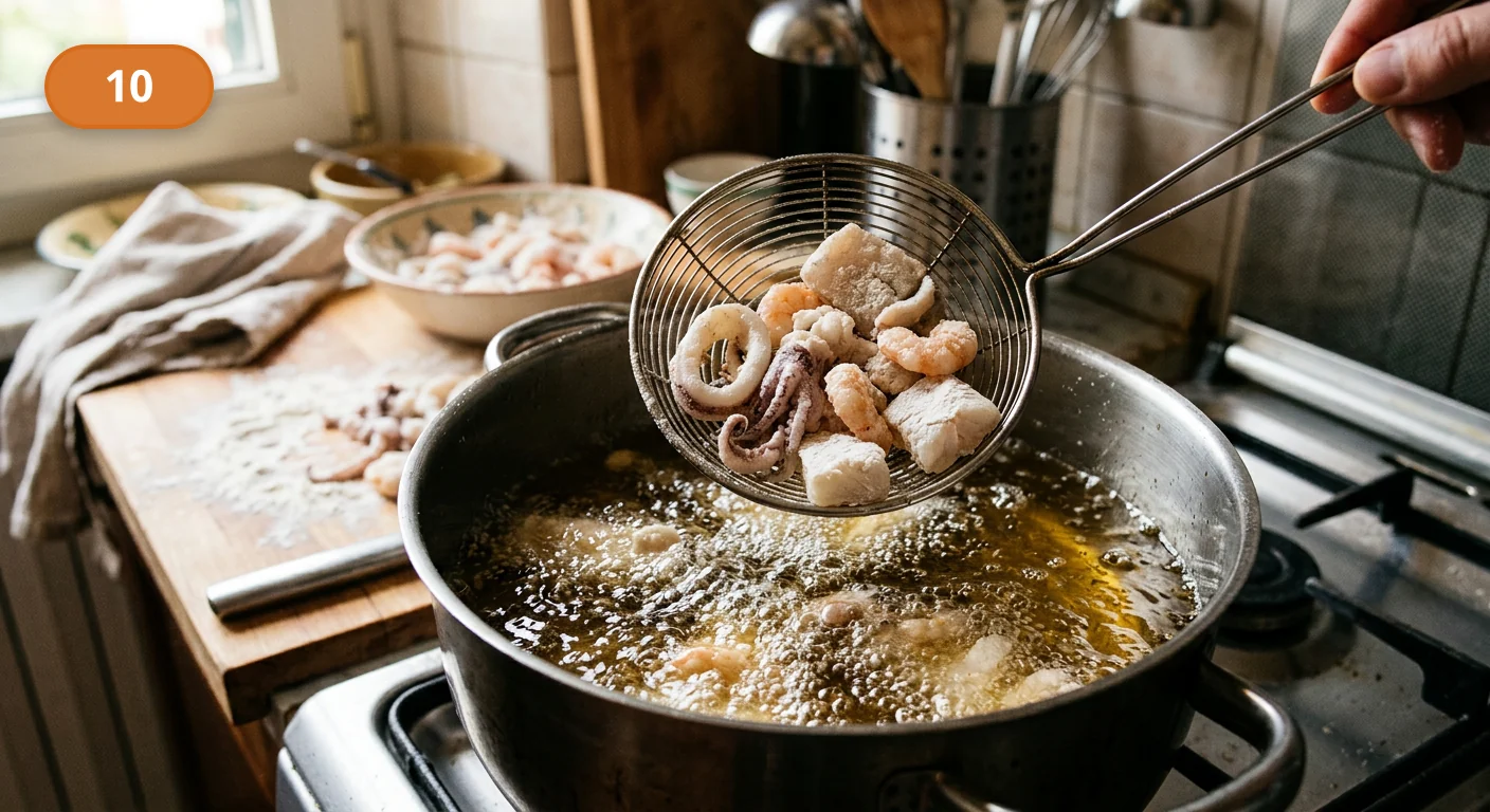 Фритто мисто | Фото подпункта 10 | Viva Cucina Фритто мисто: фото процесса приготовления — опустите первую небольшую партию морепродуктов в горячее масло