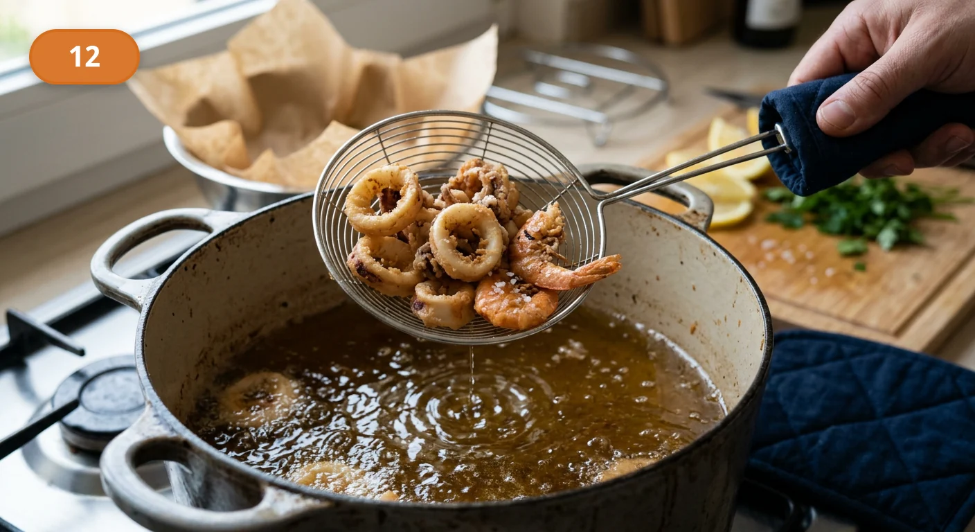 Фритто мисто | Фото подпункта 12 | Viva Cucina Фритто мисто: фото процесса приготовления — достаньте партию шумовкой и дайте маслу стечь