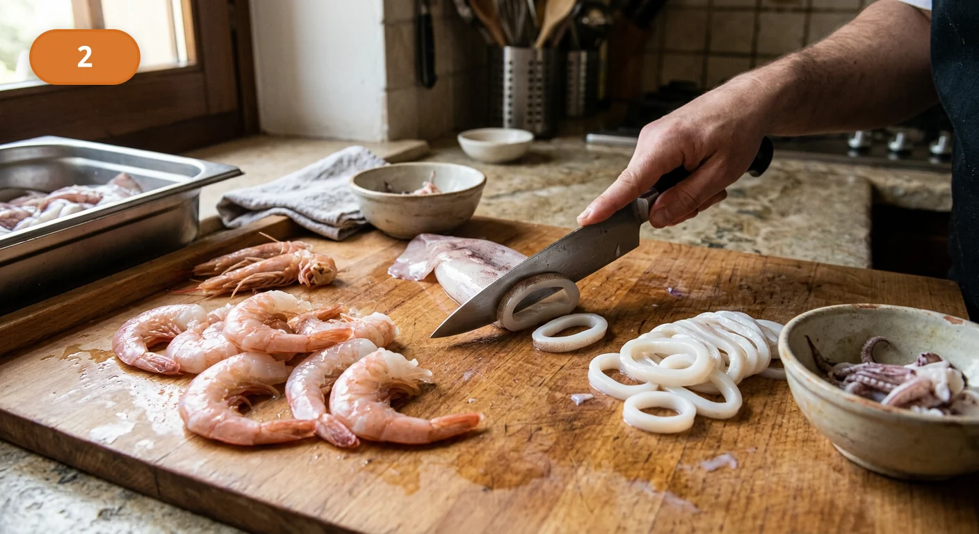 Фритто мисто | Фото подпункта 2 | Viva Cucina Фритто мисто: фото процесса приготовления — очистите креветки и нарежьте кальмары ровными кольцами