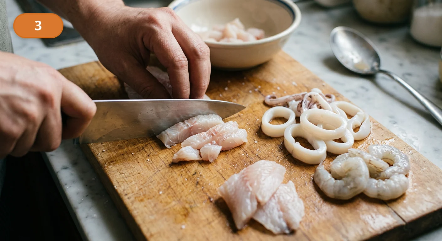 Фритто мисто | Фото подпункта 3 | Viva Cucina Фритто мисто: фото процесса приготовления — разделите мелкую рыбу или филе на небольшие кусочки для быстрой жарки