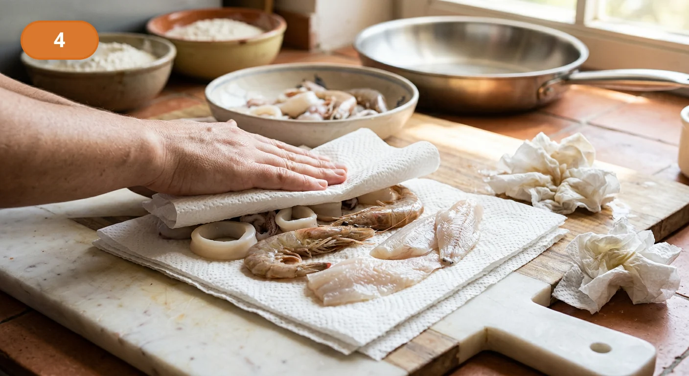 Фритто мисто | Фото подпункта 4 | Viva Cucina Фритто мисто: фото процесса приготовления — промокните морепродукты бумажными полотенцами до сухой поверхности