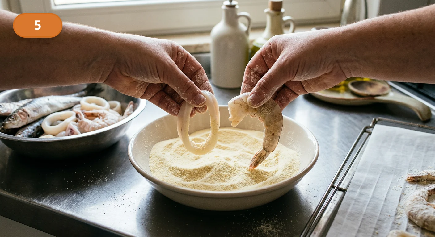 Фритто мисто | Фото подпункта 5 | Viva Cucina Фритто мисто: фото процесса приготовления — обваляйте кальмары, креветки и рыбу в муке или семоле