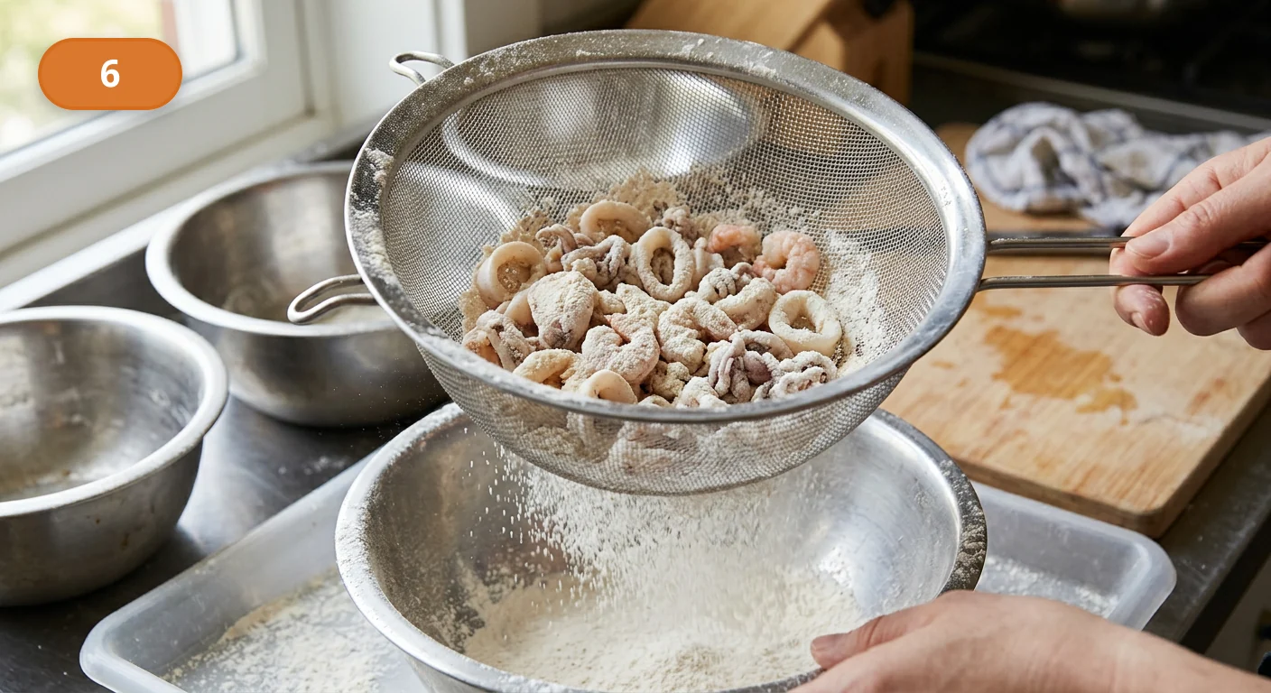 Фритто мисто | Фото подпункта 6 | Viva Cucina Фритто мисто: фото процесса приготовления — стряхните лишнюю муку через сито или на решётке
