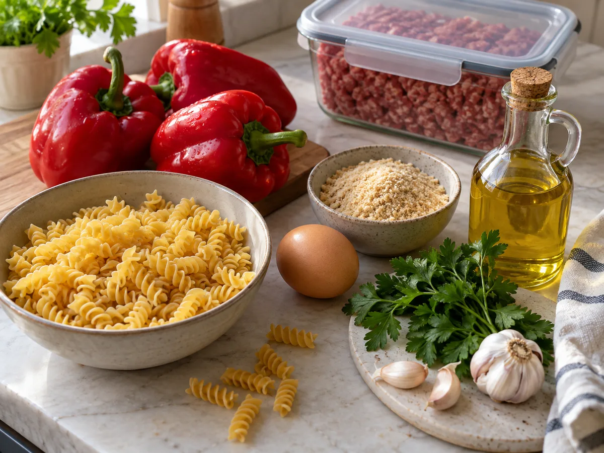 Фузилли с фрикадельками и соусом из печёного перца | Фото подпункта 1 | Viva Cucina Фузилли с фрикадельками и соусом из печёного перца: фото процесса приготовления — отмерьте продукты, разогрейте духовку до 220 °C; фарш пока держите в холодильнике