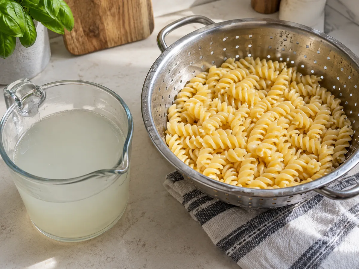 Фузилли с фрикадельками и соусом из печёного перца | Фото подпункта 12 | Viva Cucina Фузилли с фрикадельками и соусом из печёного перца: фото процесса приготовления — сохраните 200 мл воды от варки и откиньте пасту на дуршлаг