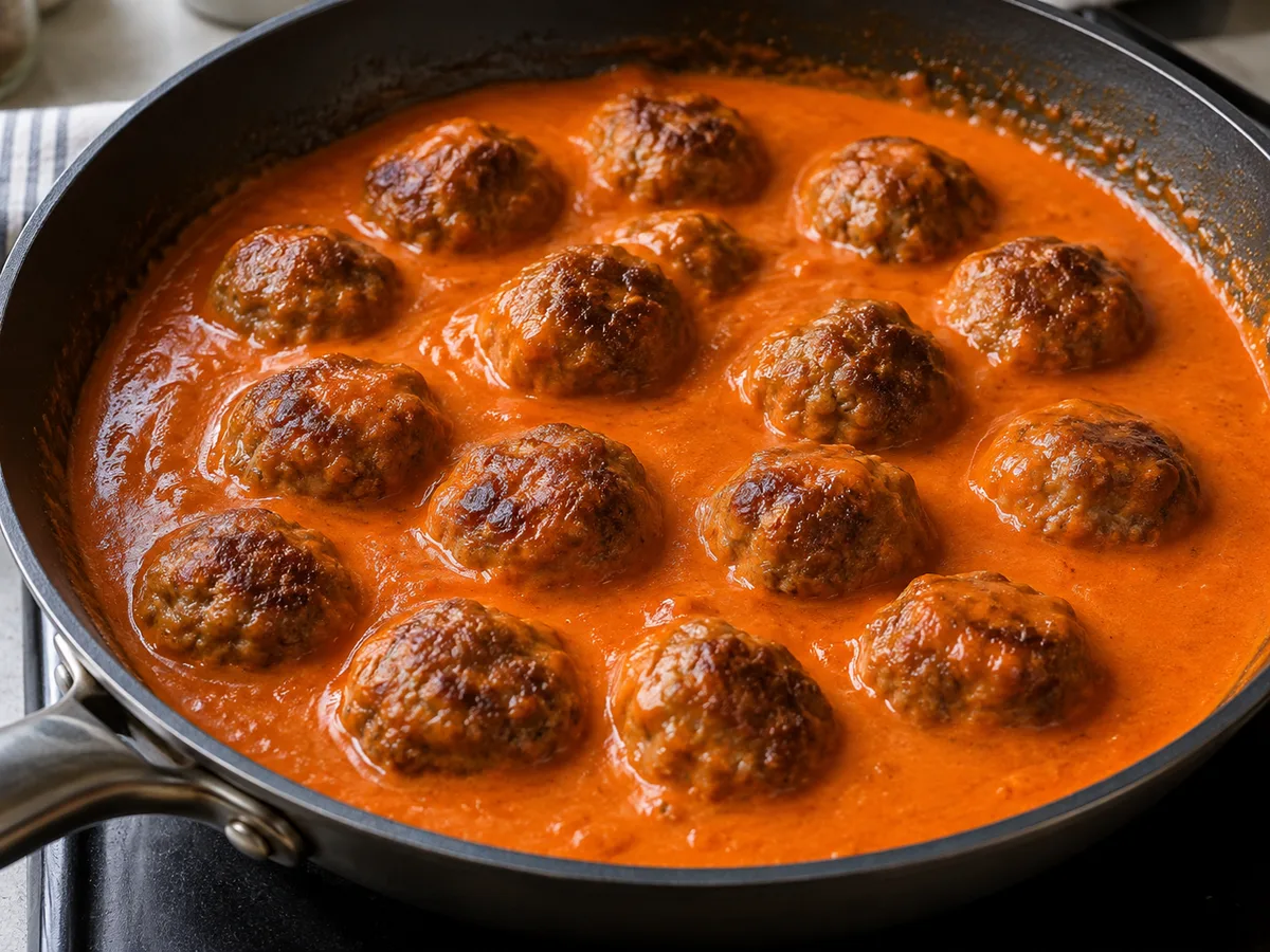 Фузилли с фрикадельками и соусом из печёного перца | Фото подпункта 13 | Viva Cucina Фузилли с фрикадельками и соусом из печёного перца: фото процесса приготовления — прогрейте перечный соус в широкой сковороде; добавьте готовые фрикадельки