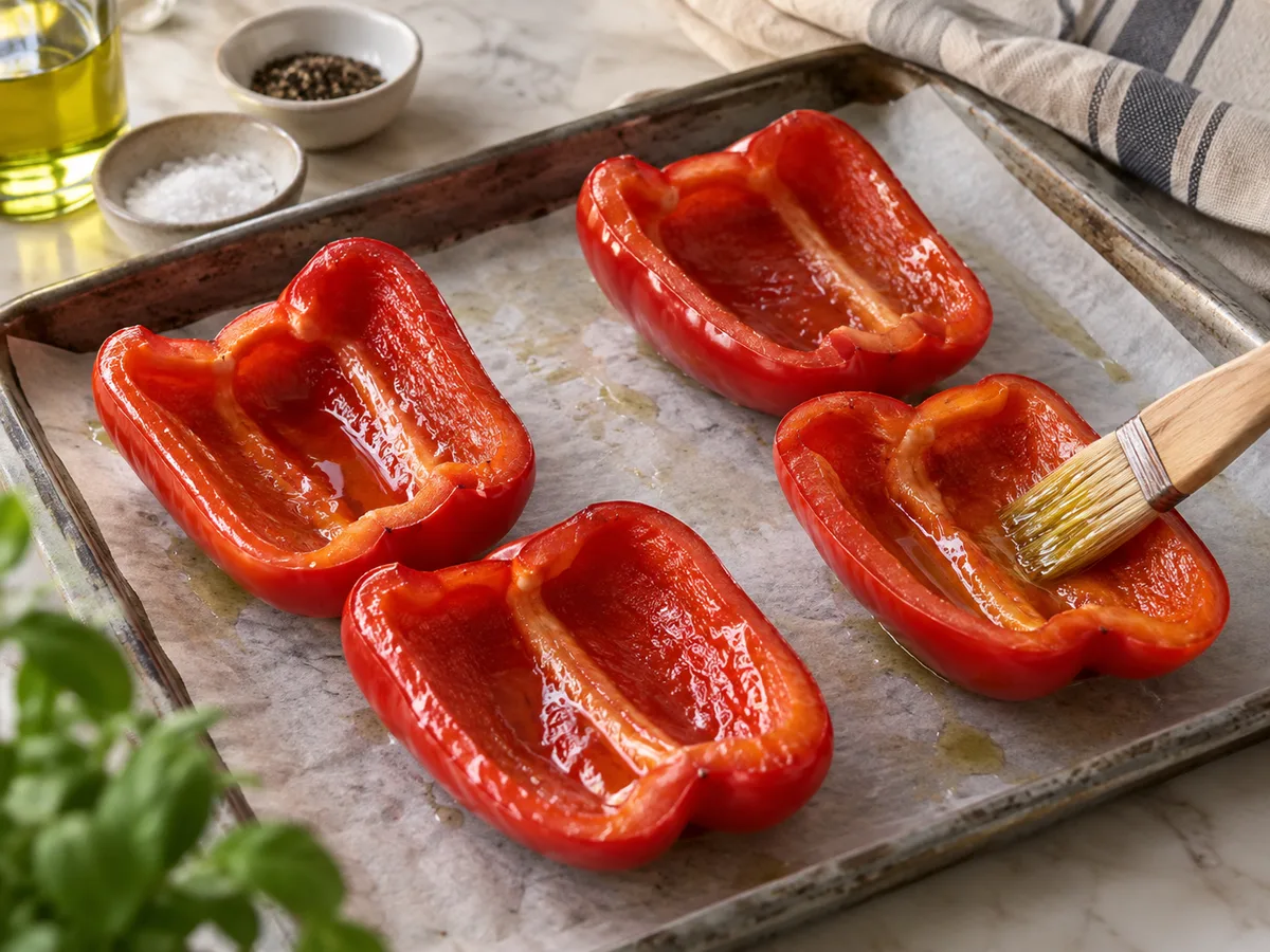 Фузилли с фрикадельками и соусом из печёного перца | Фото подпункта 2 | Viva Cucina Фузилли с фрикадельками и соусом из печёного перца: фото процесса приготовления — разрежьте перцы вдоль пополам, удалите семена и плодоножки; смажьте 10 мл масла