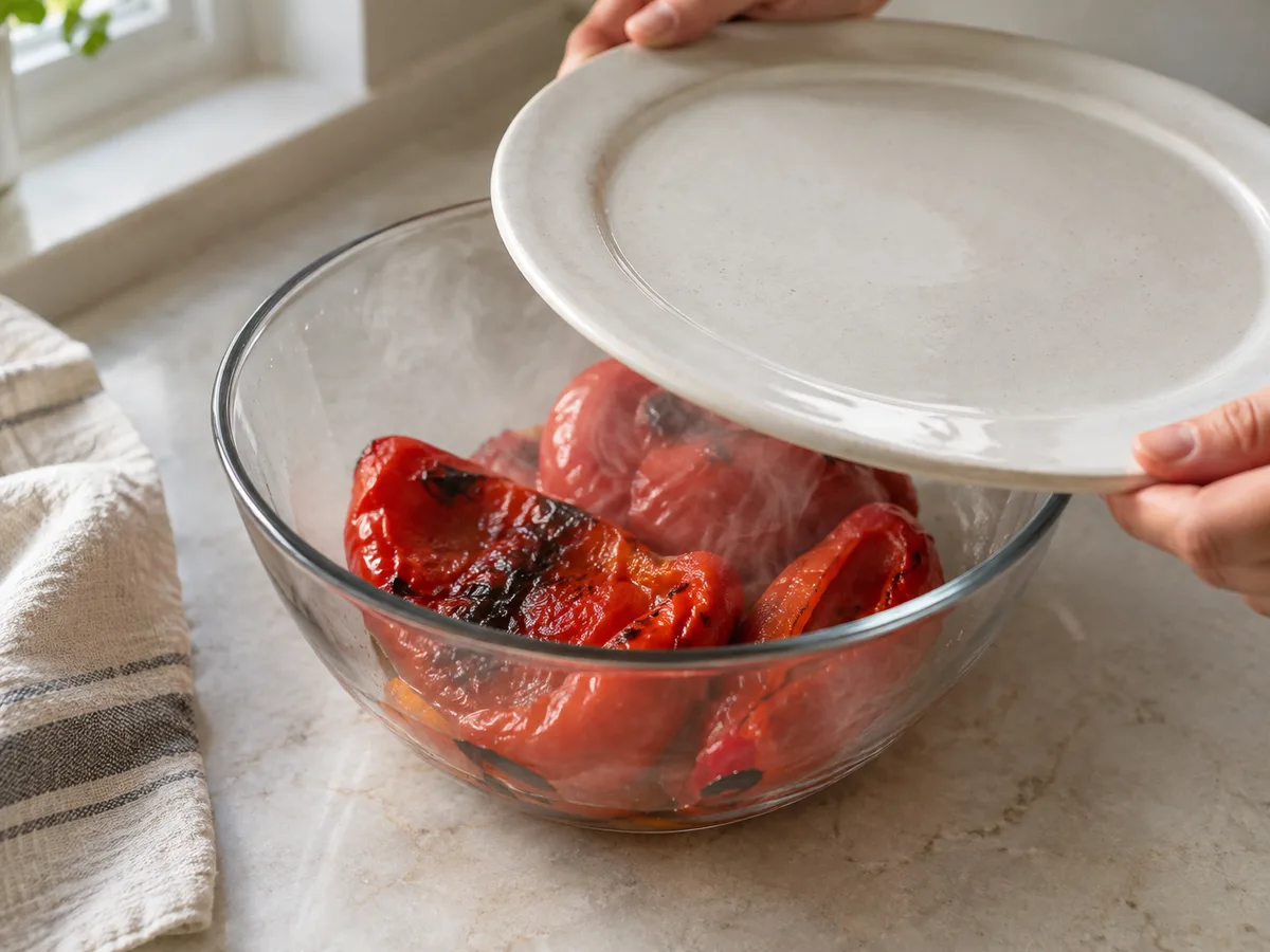 Фузилли с фрикадельками и соусом из печёного перца | Фото подпункта 4 | Viva Cucina Фузилли с фрикадельками и соусом из печёного перца: фото процесса приготовления — переложите горячие перцы в миску и накройте на 10 минут