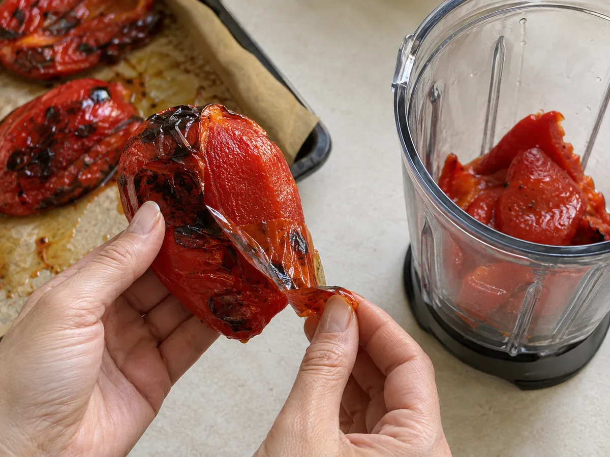 Фузилли с фрикадельками и соусом из печёного перца | Фото подпункта 5 | Viva Cucina Фузилли с фрикадельками и соусом из печёного перца: фото процесса приготовления — снимите кожицу; мякоть сложите в высокий стакан для блендера