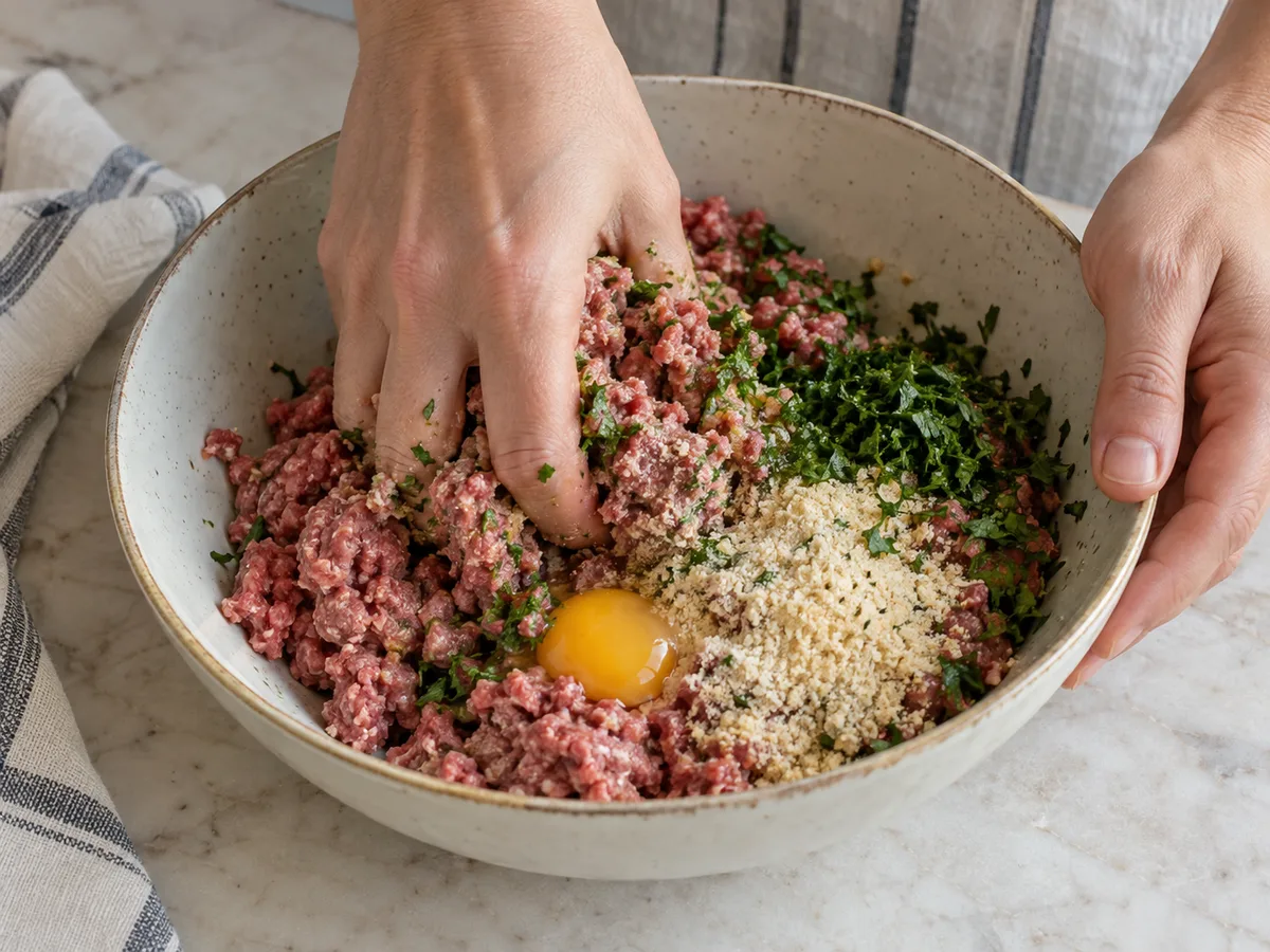 Фузилли с фрикадельками и соусом из печёного перца | Фото подпункта 7 | Viva Cucina Фузилли с фрикадельками и соусом из печёного перца: фото процесса приготовления — переключите духовку на 200 °C. Смешайте фарш, яйцо, сухари, рубленую петрушку, соль и перец