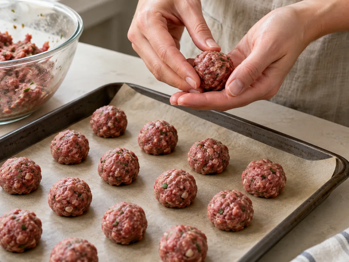 Фузилли с фрикадельками и соусом из печёного перца | Фото подпункта 8 | Viva Cucina Фузилли с фрикадельками и соусом из печёного перца: фото процесса приготовления — сформуйте фрикадельки диаметром около 2 см; выложите на противень и смажьте оставшимися 5 мл масла