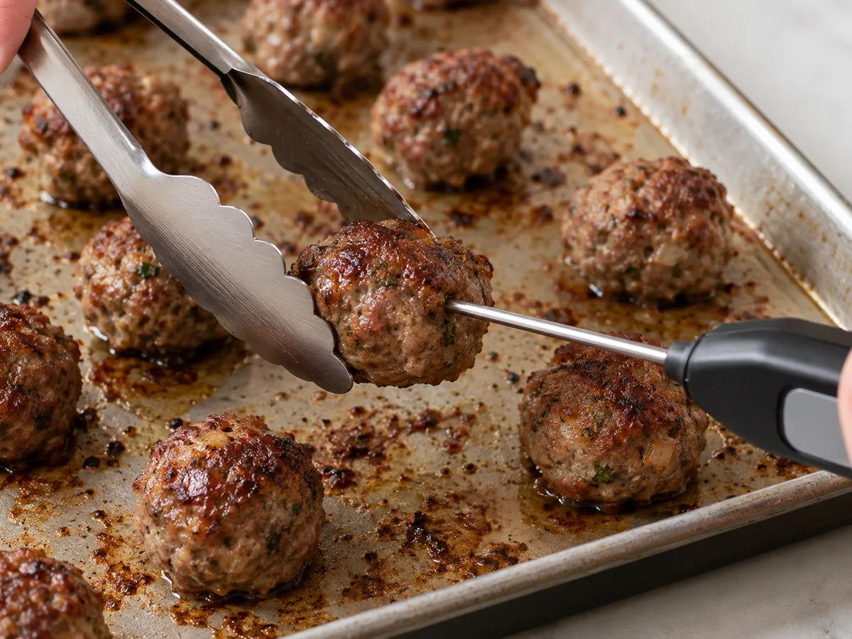 Фузилли с фрикадельками и соусом из печёного перца | Фото подпункта 9 | Viva Cucina Фузилли с фрикадельками и соусом из печёного перца: фото процесса приготовления — запекайте 15–20 минут; в центре самой крупной фрикадельки должно быть не менее 71 °C. После сырого фарша вымойте руки и инвентарь