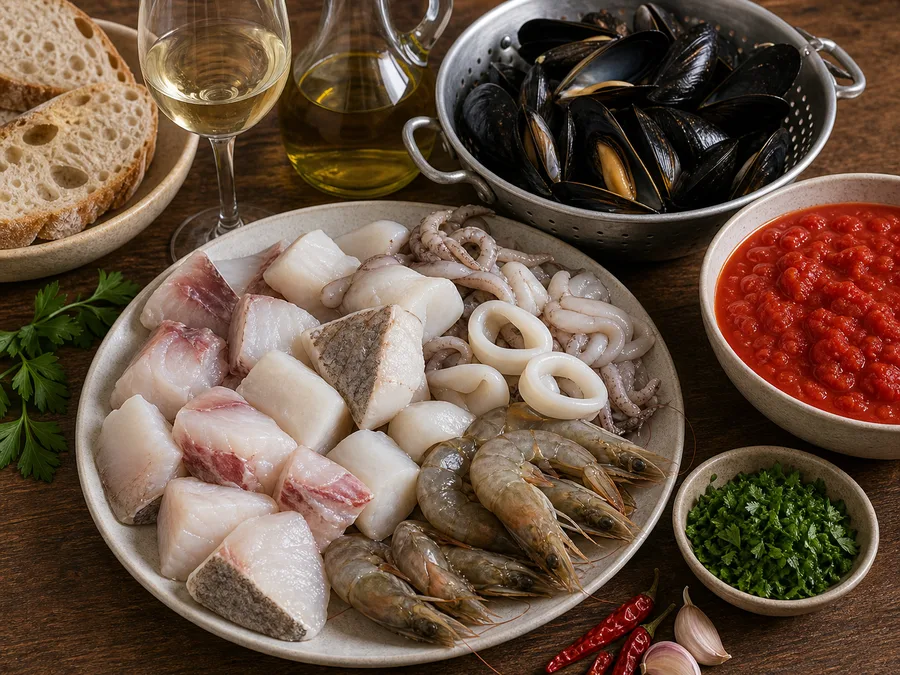 Каччукко (рыбный суп): фото процесса приготовления — разложите Рыба или морепродукты, Лимон и Томаты, соль, масло, специи и нужную посуду так, чтобы всё было под рукой до начала готовки