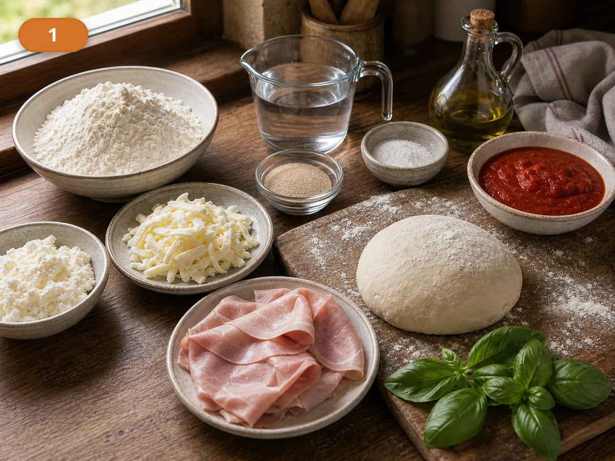 Кальцоне | Фото подпункта 1 | Viva Cucina Кальцоне: фото процесса приготовления — разложите муку, тёплую воду, дрожжи, соль, оливковое масло, томаты, моцареллу, рикотту, ветчину и базилик