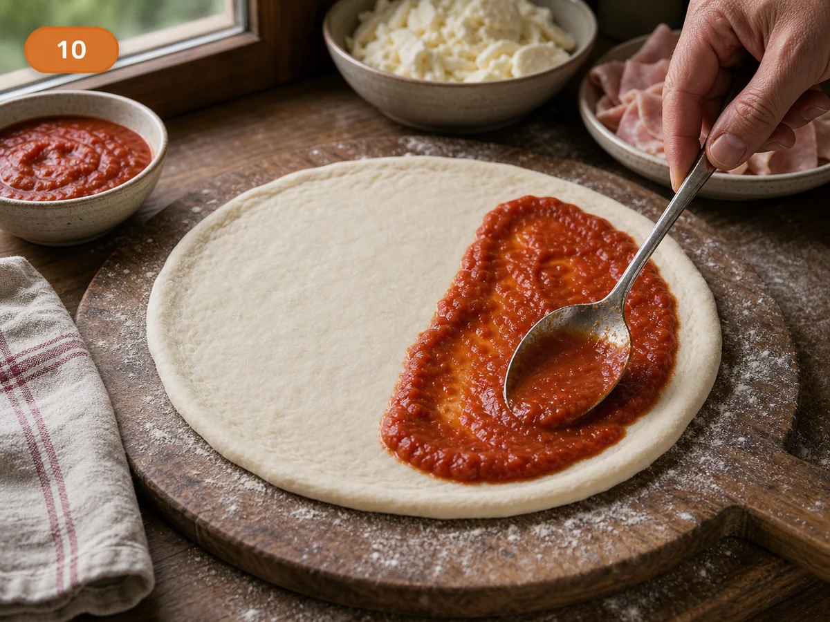 Кальцоне | Фото подпункта 10 | Viva Cucina Кальцоне: фото процесса приготовления — нанесите немного томатной основы на одну половину круга, не доходя до края