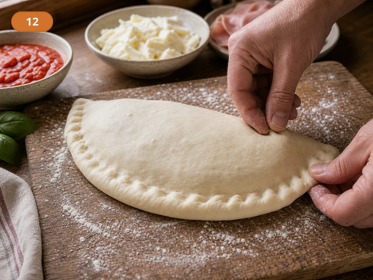 Кальцоне | Фото подпункта 12 | Viva Cucina Кальцоне: фото процесса приготовления — сложите тесто полумесяцем, выпустите лишний воздух и плотно защипните край