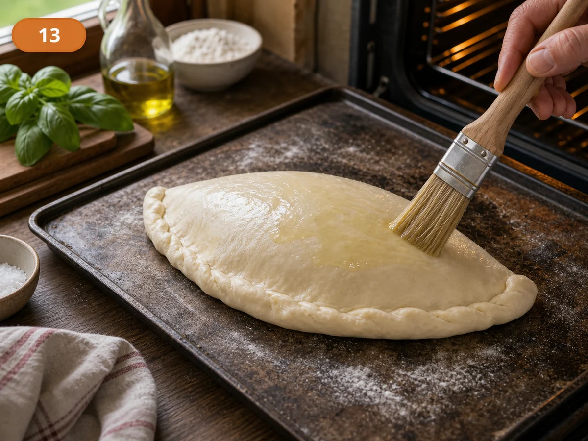 Кальцоне | Фото подпункта 13 | Viva Cucina Кальцоне: фото процесса приготовления — переложите кальцоне на горячий противень или камень, смажьте верх оливковым маслом