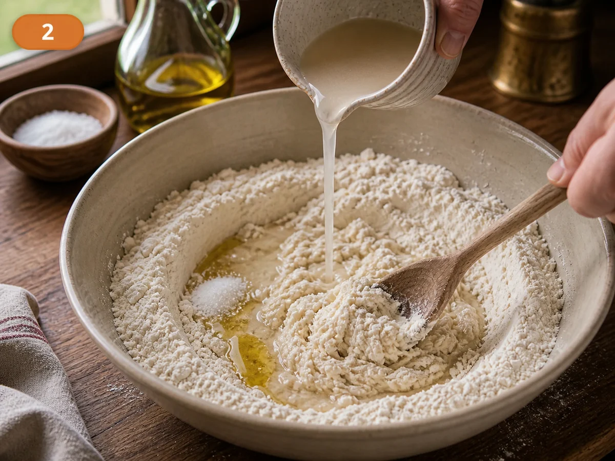 Кальцоне | Фото подпункта 2 | Viva Cucina Кальцоне: фото процесса приготовления — растворите дрожжи в тёплой воде, добавьте муку, соль и оливковое масло, затем начните замес