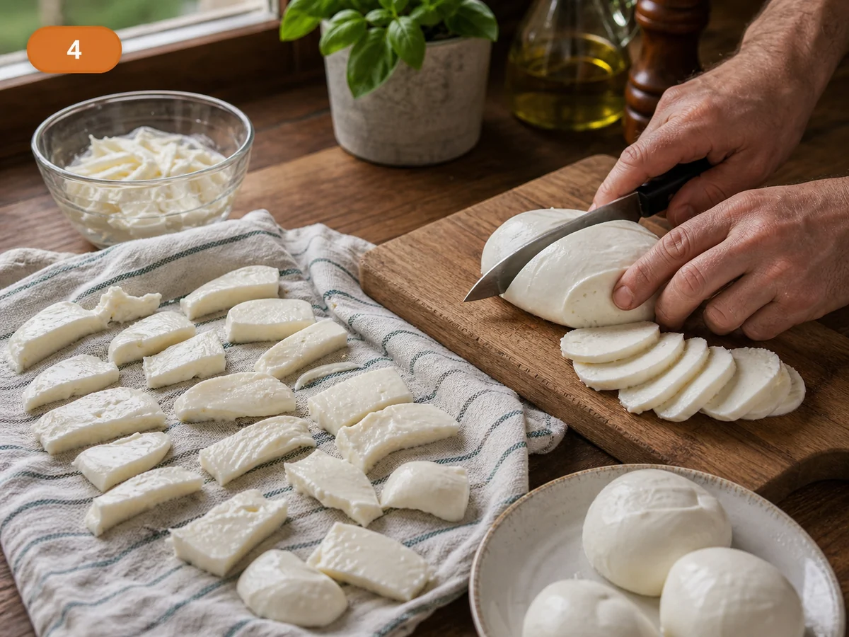 Кальцоне | Фото подпункта 4 | Viva Cucina Кальцоне: фото процесса приготовления — нарежьте моцареллу и обсушите её на полотенце, чтобы убрать лишнюю сыворотку