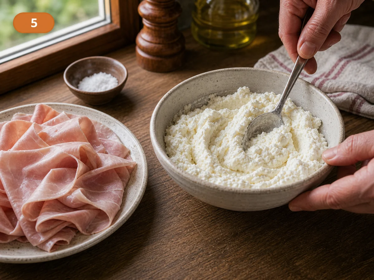 Кальцоне | Фото подпункта 5 | Viva Cucina Кальцоне: фото процесса приготовления — смешайте рикотту с щепоткой соли и подготовьте тонкие ломтики ветчины или прошутто котто