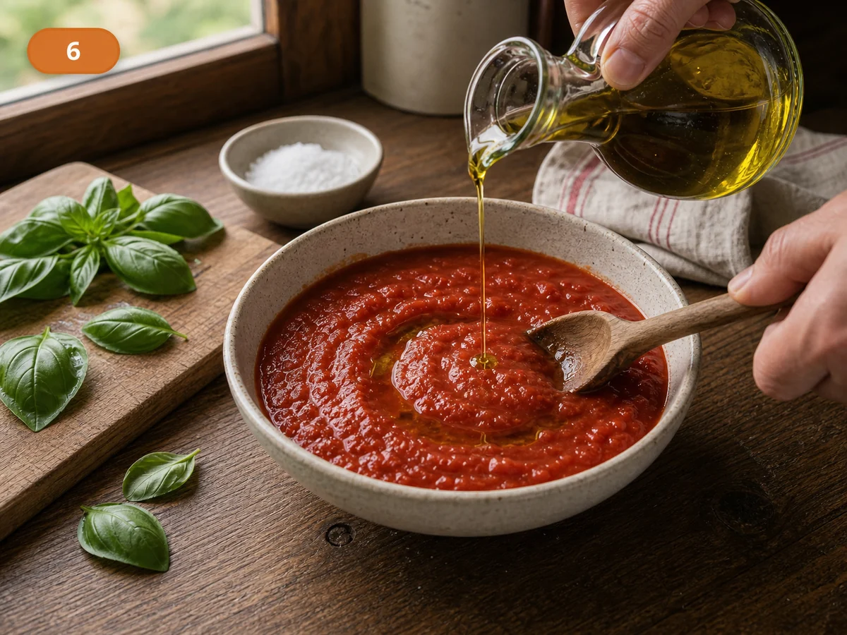 Кальцоне | Фото подпункта 6 | Viva Cucina Кальцоне: фото процесса приготовления — размешайте пассату с каплей оливкового масла и подготовьте листья базилика