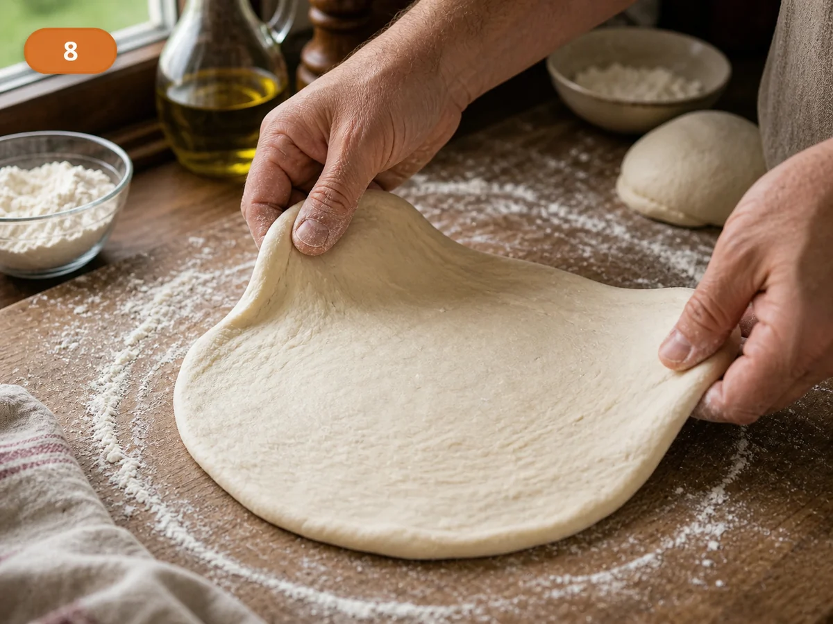 Кальцоне | Фото подпункта 8 | Viva Cucina Кальцоне: фото процесса приготовления — растяните первый шарик в круг на присыпанной мукой поверхности