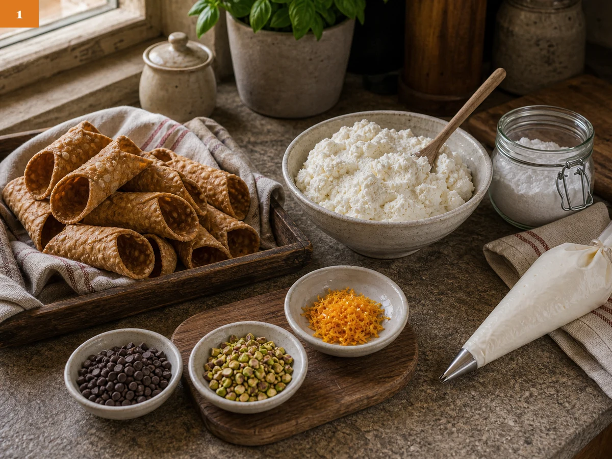 Канноли | Фото подпункта 1 | Viva Cucina Канноли: фото процесса приготовления — разложите трубочки для канноли, рикотту, сахарную пудру, цедру апельсина, шоколадные капли и рубленые фисташки