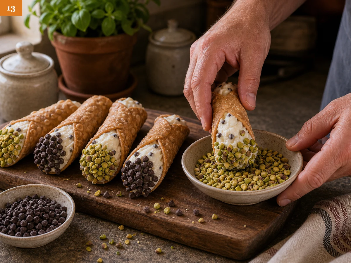 Канноли | Фото подпункта 13 | Viva Cucina Канноли: фото процесса приготовления — окуните открытые края канноли в рубленые фисташки или шоколадные капли