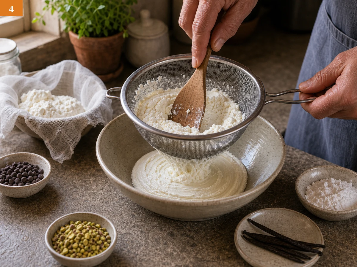 Канноли | Фото подпункта 4 | Viva Cucina Канноли: фото процесса приготовления — протрите рикотту через сито или размешайте до гладкой структуры без крупинок