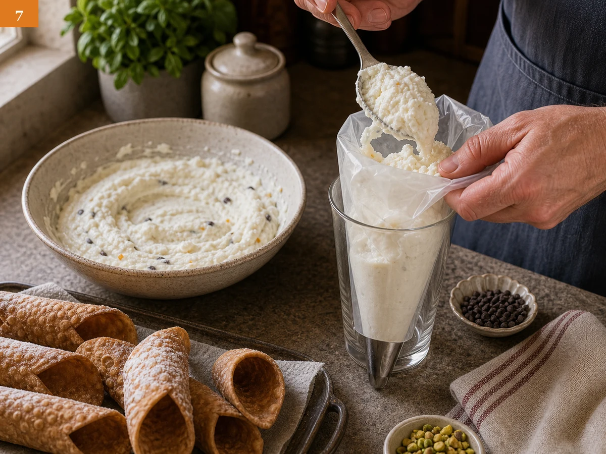 Канноли | Фото подпункта 7 | Viva Cucina Канноли: фото процесса приготовления — переложите крем из рикотты в кондитерский мешок с широкой насадкой