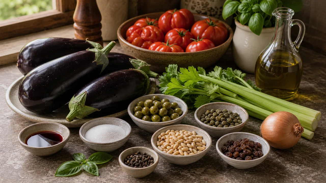 Капоната | Фото подпункта 1 | Viva Cucina Капоната: фото процесса приготовления — разложите баклажаны, сельдерей, лук, томаты, зеленые оливки, каперсы, кедровые орехи, изюм, красный винный уксус, сахар, оливковое масло и базилик