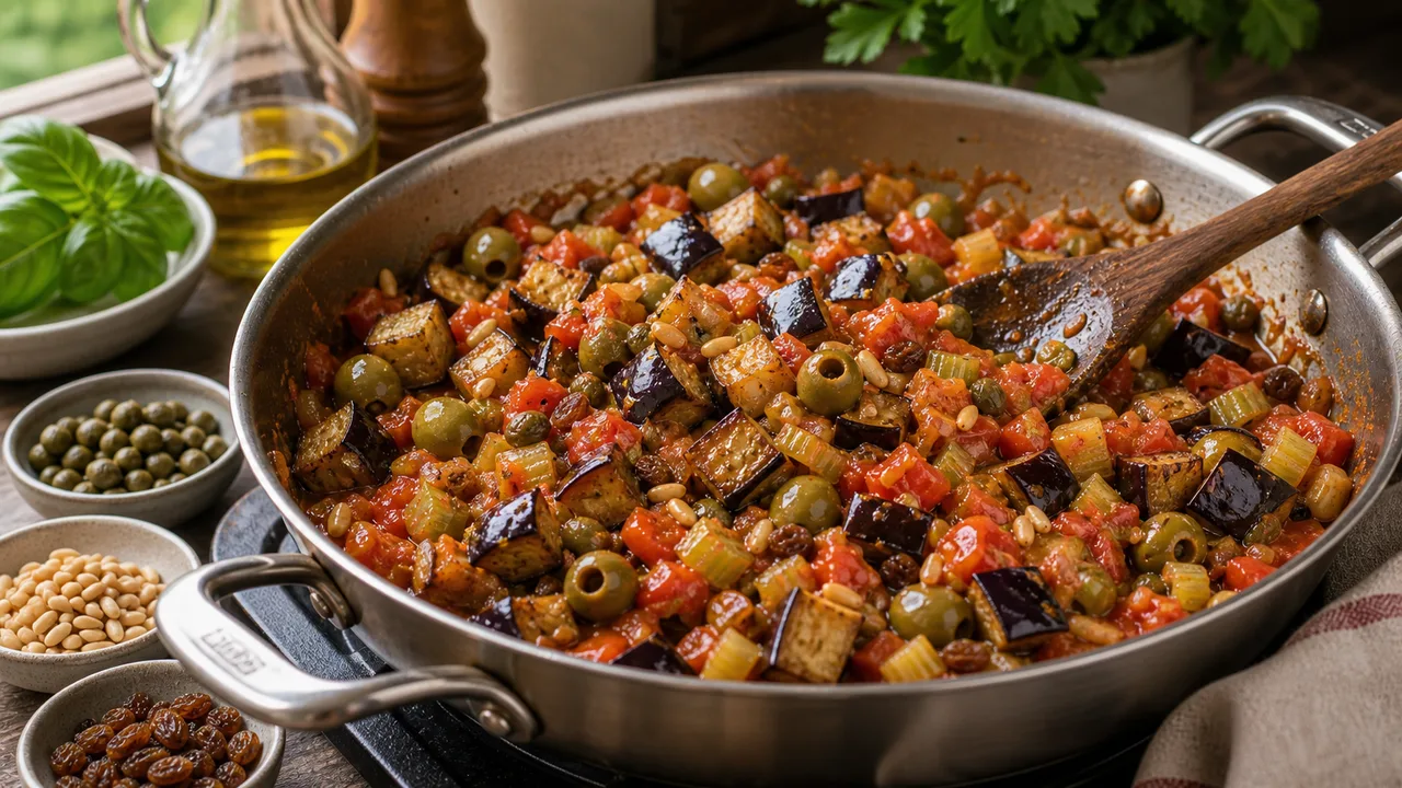 Капоната | Фото подпункта 10 | Viva Cucina Капоната: фото процесса приготовления — влейте красный винный уксус и добавьте немного сахара в овощную основу