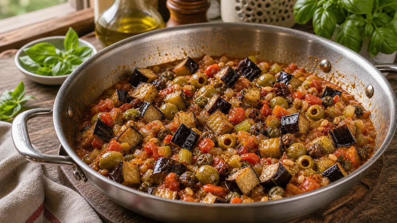Капоната | Фото подпункта 11 | Viva Cucina Капоната: фото процесса приготовления — верните золотистые баклажаны в сковороду и осторожно перемешайте с соусом