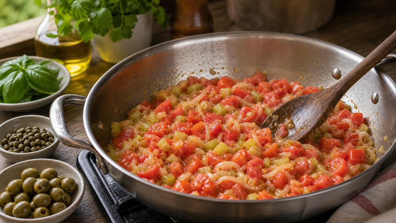 Капоната | Фото подпункта 7 | Viva Cucina Капоната: фото процесса приготовления — мягко обжарьте лук и сельдерей в оливковом масле до прозрачности и мягкости