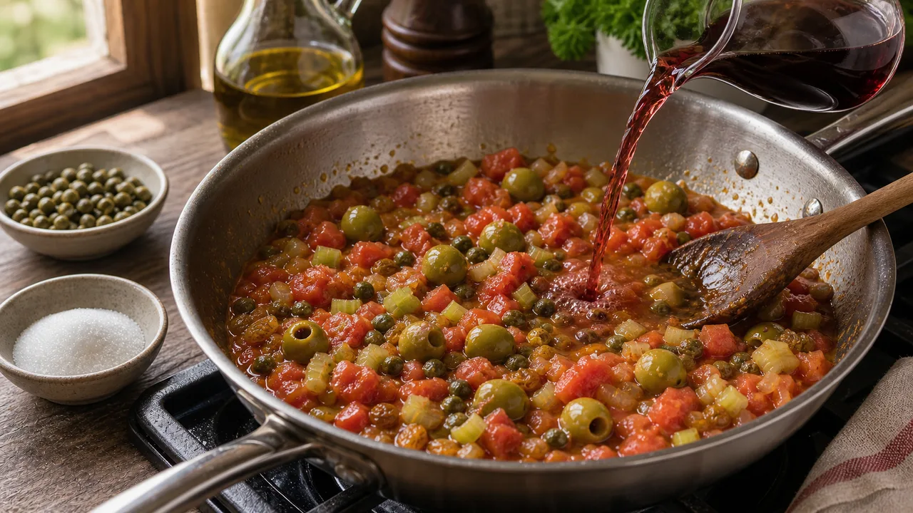 Капоната | Фото подпункта 9 | Viva Cucina Капоната: фото процесса приготовления — вмешайте оливки, каперсы, изюм и кедровые орехи, распределив их по соусу