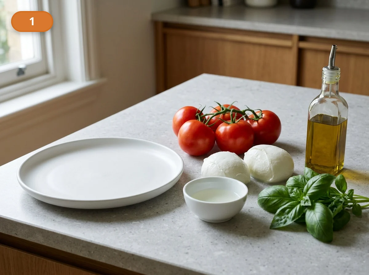 Капрезе | Фото подпункта 1 | Viva Cucina Капрезе: фото процесса приготовления — подготовьте цельные спелые томаты, целую моцареллу, базилик и хорошее оливковое масло, разложив всё рядом и пока ничего не нарезая