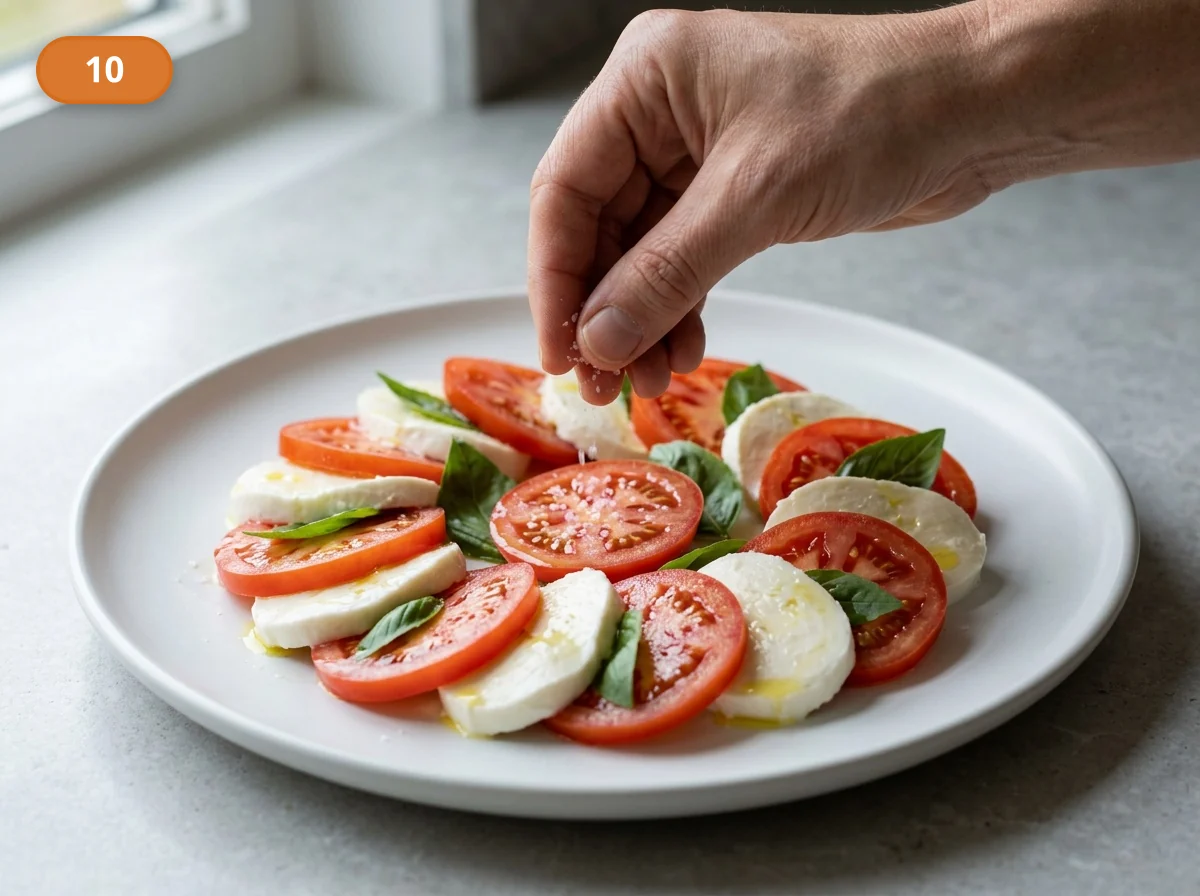 Капрезе | Фото подпункта 10 | Viva Cucina Капрезе: фото процесса приготовления — слегка посолите томаты и моцареллу уже на тарелке, чтобы соль легла тонко и не вытянула слишком много влаги сразу