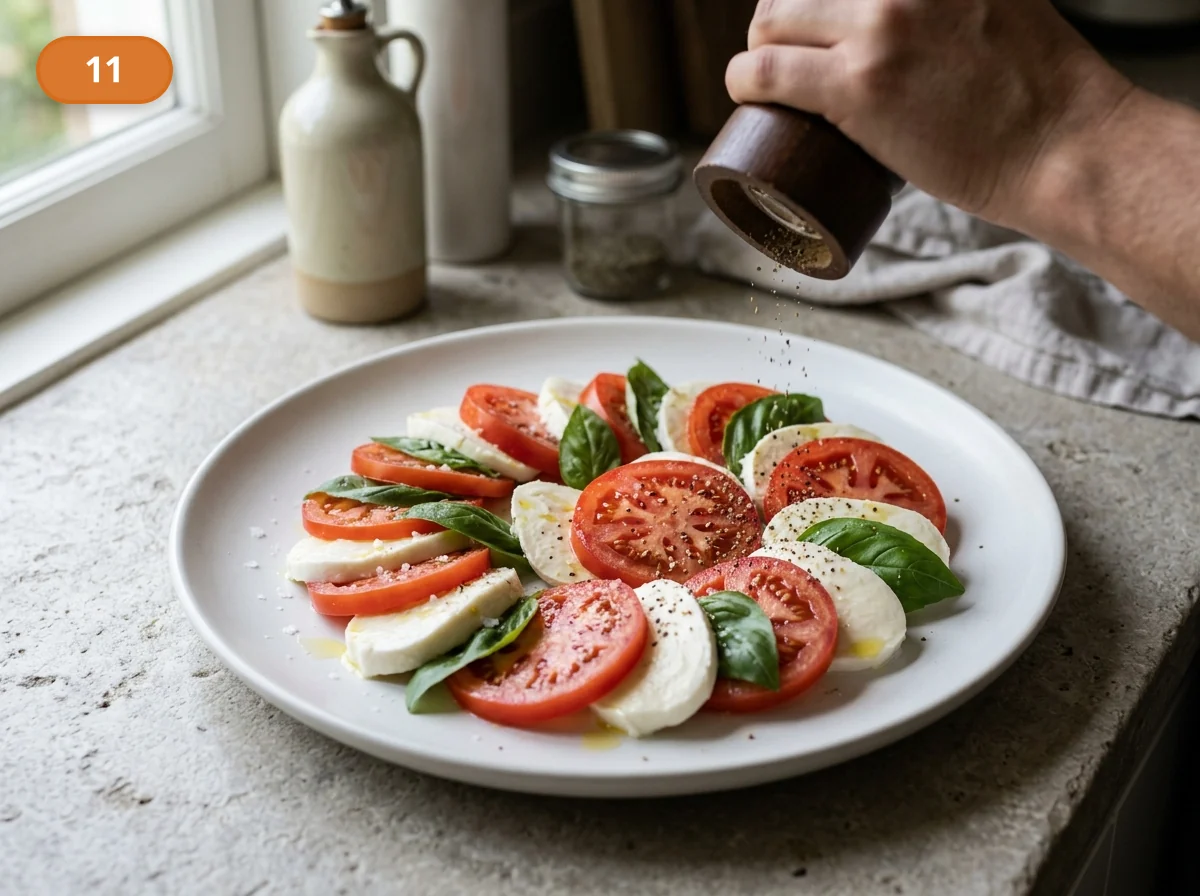 Капрезе | Фото подпункта 11 | Viva Cucina Капрезе: фото процесса приготовления — добавьте немного свежемолотого чёрного перца, распределяя его точечно, а не сплошным плотным слоем