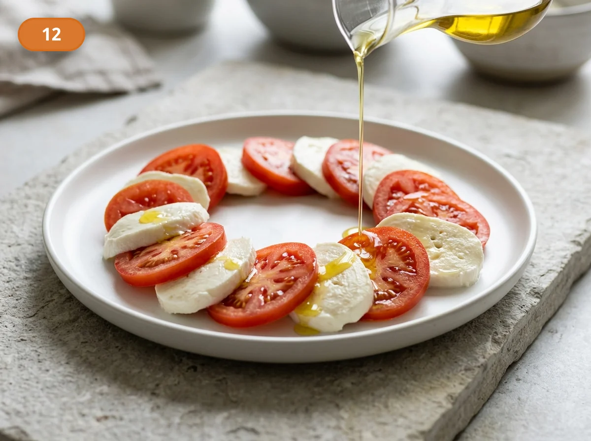 Капрезе | Фото подпункта 12 | Viva Cucina Капрезе: фото процесса приготовления — тонкой струёй полейте салат оливковым маслом extra vergine, давая ему блеск и мягкое связующее движение
