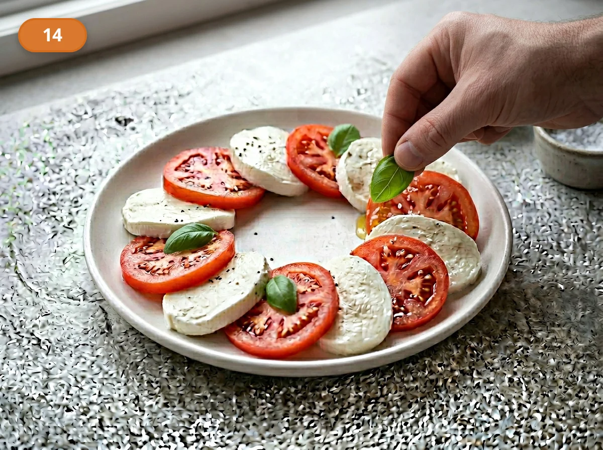 Капрезе | Фото подпункта 14 | Viva Cucina Капрезе: фото процесса приготовления — при желании добавьте ещё пару целых листьев базилика сверху как последний свежий акцент перед подачей