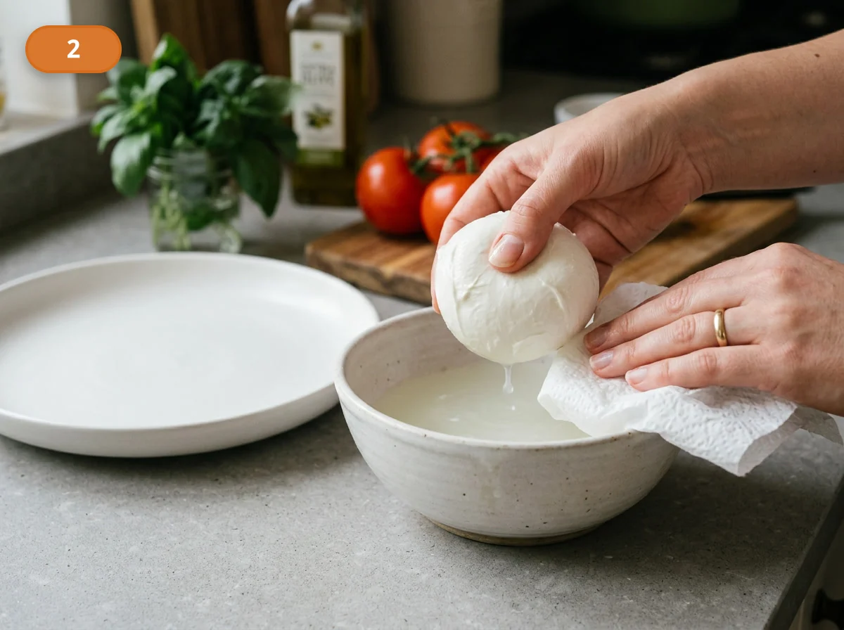 Капрезе | Фото подпункта 2 | Viva Cucina Капрезе: фото процесса приготовления — достаньте моцареллу из рассола и аккуратно обсушите её, чтобы на тарелке не скапливалась лишняя влага