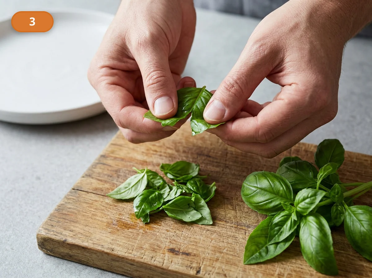 Капрезе | Фото подпункта 3 | Viva Cucina Капрезе: фото процесса приготовления — оборвите самые красивые листья базилика и оставьте их сухими и целыми для финальной сборки
