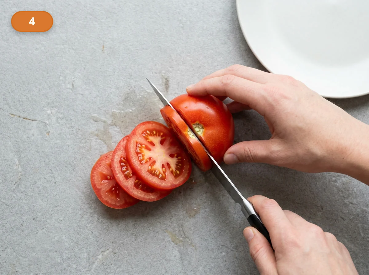 Капрезе | Фото подпункта 4 | Viva Cucina Капрезе: фото процесса приготовления — нарежьте томаты кругами средней толщины, стараясь сохранить сок внутри ломтиков и не раздавить мякоть