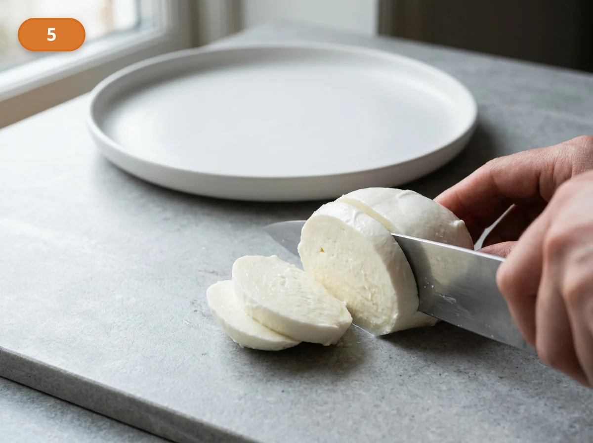 Капрезе | Фото подпункта 5 | Viva Cucina Капрезе: фото процесса приготовления — нарежьте моцареллу кругами или крупными ломтиками близкой толщины, чтобы она совпадала с томатами по размеру