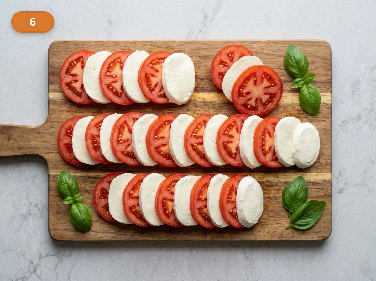 Капрезе | Фото подпункта 6 | Viva Cucina Капрезе: фото процесса приготовления — разложите ломтики томатов и моцареллы рядом на доске, быстро проверяя, что они будут хорошо чередоваться на тарелке
