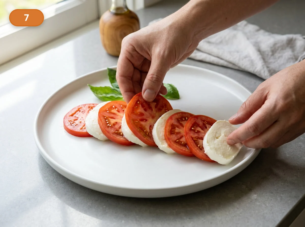 Капрезе | Фото подпункта 7 | Viva Cucina Капрезе: фото процесса приготовления — начните выкладывать ломтики на широкую тарелку, чередуя томаты и моцареллу в равномерном порядке