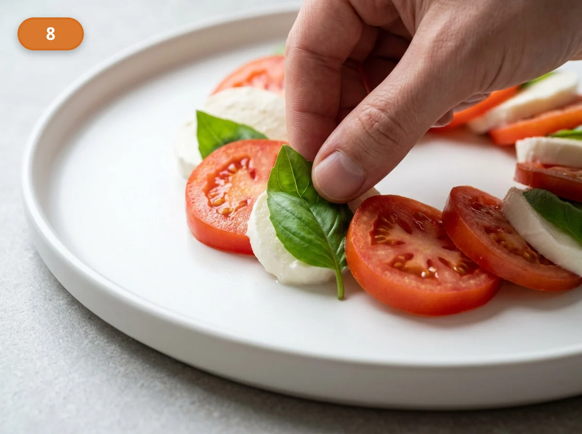 Капрезе | Фото подпункта 8 | Viva Cucina Капрезе: фото процесса приготовления — вставьте листья базилика между слоями или поверх них, чтобы зелёные акценты распределялись по всей тарелке