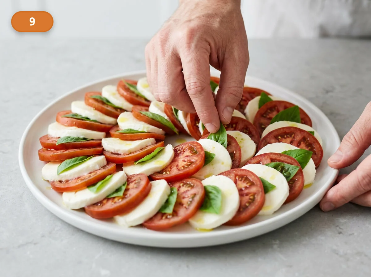 Капрезе | Фото подпункта 9 | Viva Cucina Капрезе: фото процесса приготовления — аккуратно поправьте композицию руками, оставляя между ломтиками немного воздуха и не ломая форму продуктов