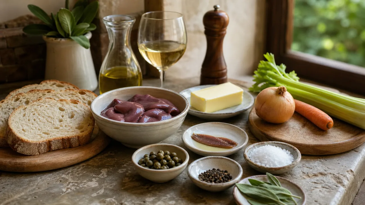 Кростини с печёночным паштетом | Фото подпункта 1 | Viva Cucina Кростини с печёночным паштетом: фото процесса приготовления — разложите тосканский хлеб, куриную печень, лук, сельдерей, морковь, сливочное масло, оливковое масло, сухое белое вино, каперсы, анчоус, шалфей, соль и черный перец
